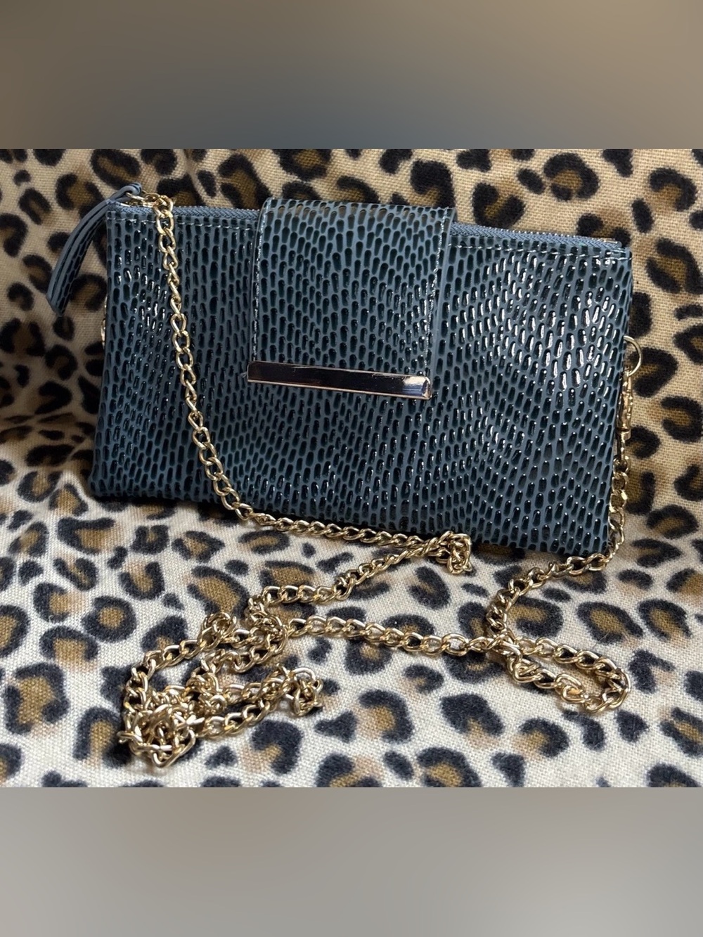Olivia Miller Teal Blue Soft Faux Snakeskin Shoulder/Clutch EUC
